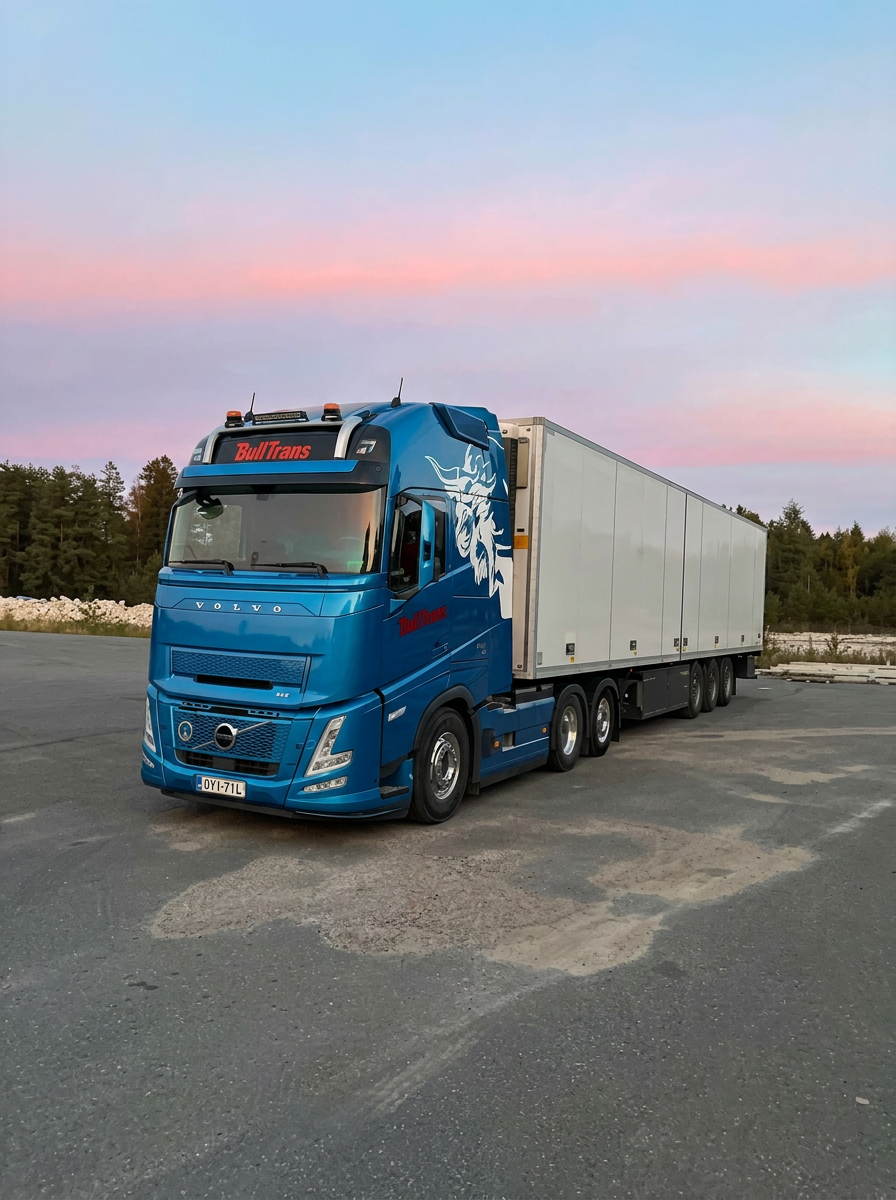 Bulltransi sinine Volvo veok roosa taevasel